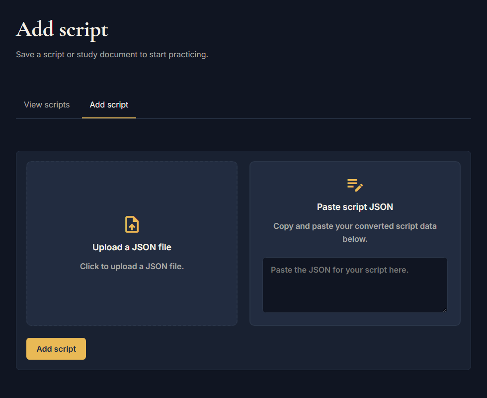 Add script screen with upload and paste fields