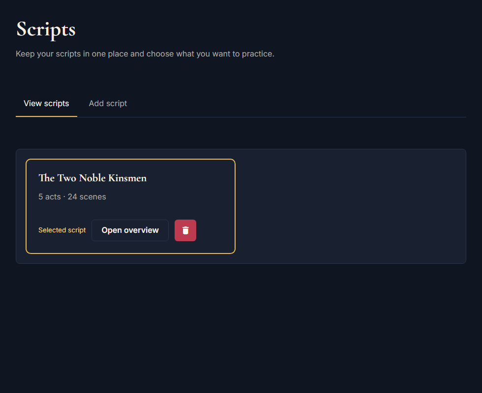 Scripts library with a selected play card