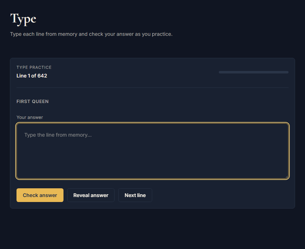 Type practice tool with character prompt and answer field